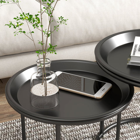 Rootz Set of 2 Metal Side Tables - Nesting End Tables - Stackable Coffee Tables - Space-Saving Design - Ø 43x38 cm & Ø 35x34 cm - Black Steel