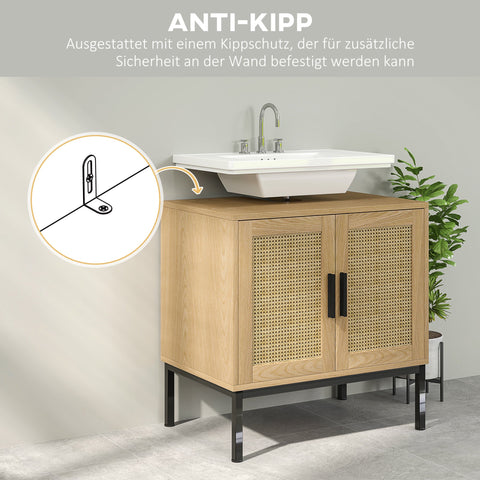 Rootz Bathroom Cabinet - Boho Design - Sink Storage Unit - Rattan Elements - Fits Under Sink - Brown - 60x39x60 cm
