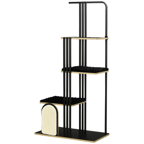 Rootz Scratching Post - Industrial Design - 3 Platforms - 2 Cushions - Scratching Wall - Steel Frame - Black - 85 x 48 x 170 cm