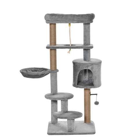 Rootz Scratching Post - Cat Tree - 1 Cat Cave - Cat Bed - 1 Hammock - Including Toys - Chipboard - Light Gray - 48cm x 48cm x 120cm