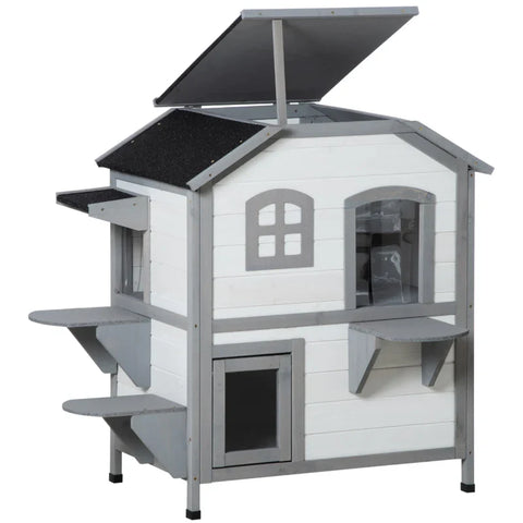 Rootz Cat House - 2 Tier - Weather Resistant - Weatherproof - Sliding Window - Solid Wooden Frame - White + Gray - 123L x 63W x 112H cm