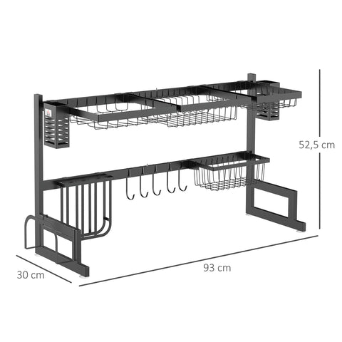 Rootz 2 Level Black Dish Drainer - Drying Rack - Dish Organizer - Modular Design - 93cm x 30cm x 52.5cm Steel