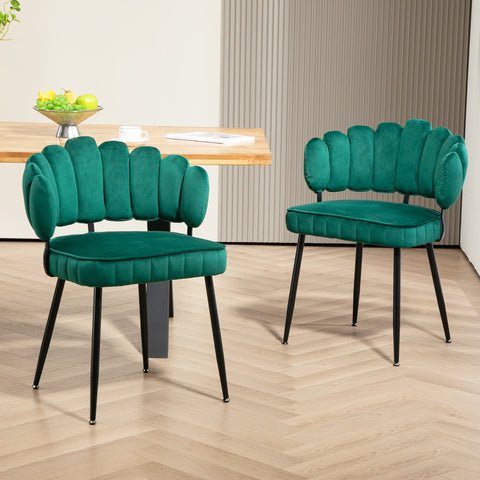 Rootz 2 Piece Set Velvet Dining Chairs - Round Backrest - Upholstered Chairs - Emerald - 58L x 56W x 78H cm - Durable Metal Legs