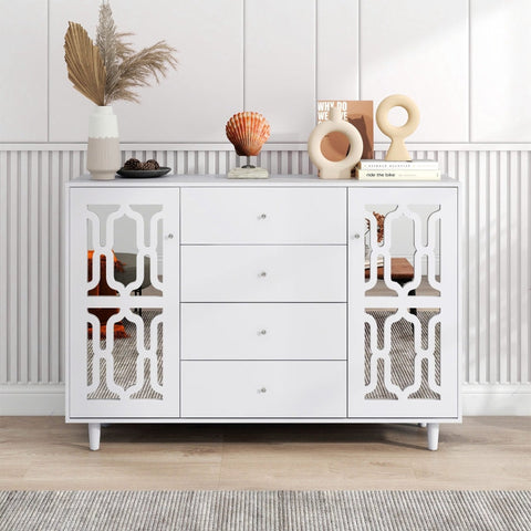 Rootz White Mirrored Sideboard - Luxury Storage Unit - Elegant Cabinet - Crystal Handles - Easy Assembly - 147.5L x 40W x 102H cm