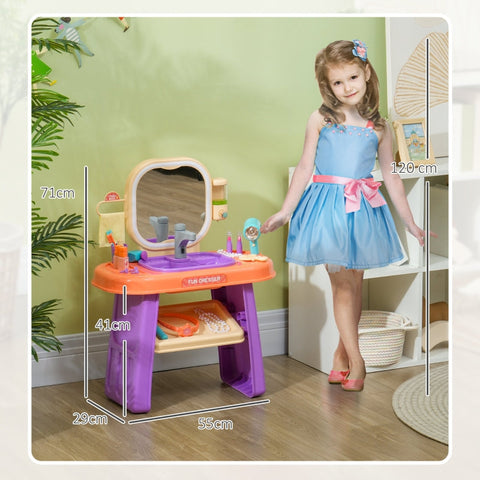 Rootz Children's Dressing Table Set - Vanity Table - Magic Mirror - LED Lights - Interactive Music - Realistic Sink - Functional Faucet - Purple - Plastic & Acrylic - 55cm x 29cm x 71cm
