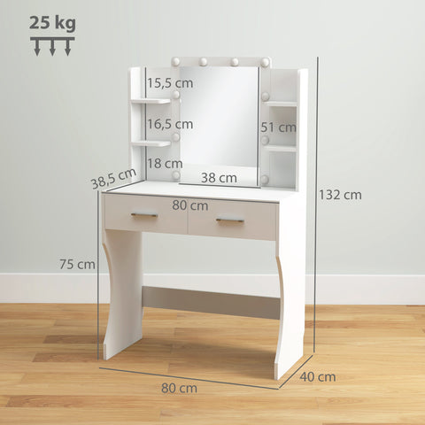 Rootz Dressing Table with Mirror - Makeup Vanity - LED Makeup Table - Brightness Control - 80cm x 40cm x 132cm - White