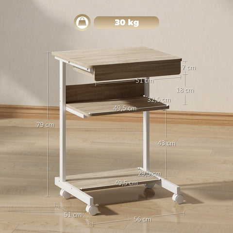 Rootz Roll Desk with Drawer and Shelves - Mobile Workstation - Compact Desk - Space-Saving Organization - 56cm x 51cm x 79cm