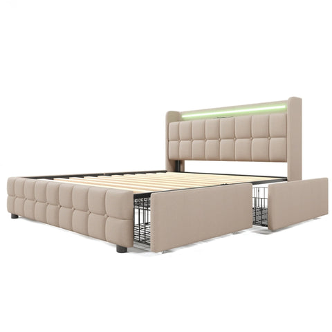 Rootz Padded Double Bed - Upholstered Bed - Linen Bed - USB Charging & LED Lighting - Beige - 144.5cm x 220cm x 103.5cm