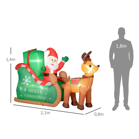 Rootz Inflatable Santa Claus & Reindeer - Festive Holiday Decor - LED Lighted Décor - 210 x 80 x 140 cm - Weather-Resistant, Sparkling Magic