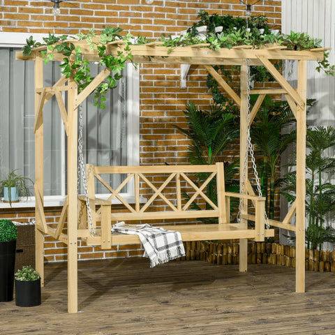 Rootz Swing Bench With Pergola - For 2 People - Height Adjustable - Solid Wood Frame - Natural - 2.21 x 1.40 x 1.96 m
