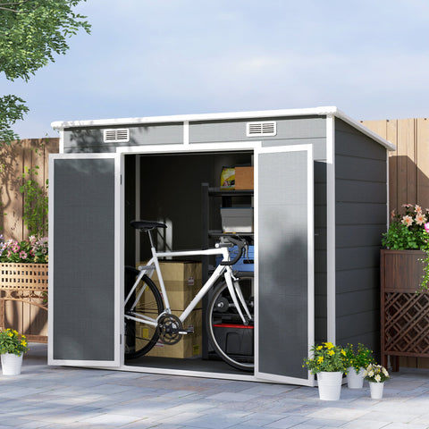 Rootz 2.4 x 1.3m Garden House - Shed - Storage Unit - Weather & UV Resistant - 238cm x 125cm x 165/183cm - Grey