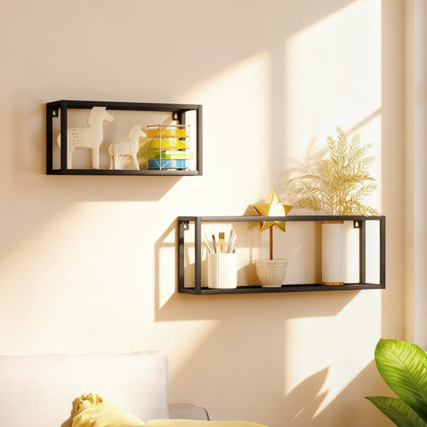 Rootz Set of 2 Wall Shelves - Floating Shelves - Display Racks - Space-Saving, 15kg Load - Steel, Black, 60x12x21cm & 40x12x19cm