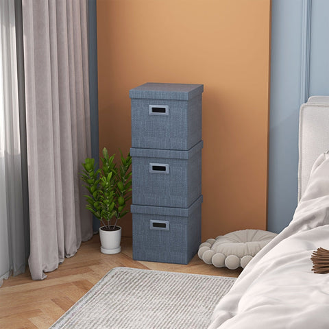 Rootz Storage Box Set - 3 Cubes - Collapsible Bins - Linen Look - Removable Lid - Side Handles - Space Saving - Blue - 30cm x 30cm x 29cm
