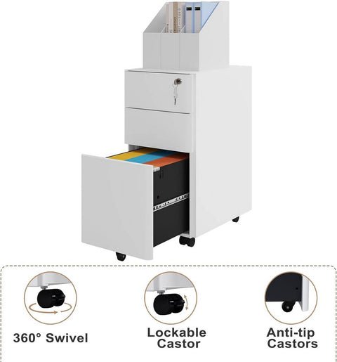 Rootz Rolling Container - Lockable Filing Cabinet - Mobile Storage Unit - Secure, Spacious, Durable - 30cm x 60cm x 45cm