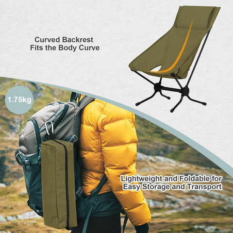 Rootz Ultra-Lightweight Foldable Camping Chair - Portable Outdoor Chair - Travel Chair - Durable 1000D Oxford Fabric - High Backrest - Lightweight 1.75kg - 56cm x 88cm x 72cm