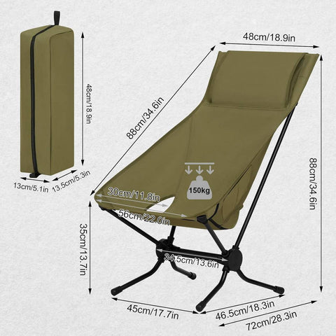 Rootz Ultra-Lightweight Foldable Camping Chair - Portable Outdoor Chair - Travel Chair - Durable 1000D Oxford Fabric - High Backrest - Lightweight 1.75kg - 56cm x 88cm x 72cm