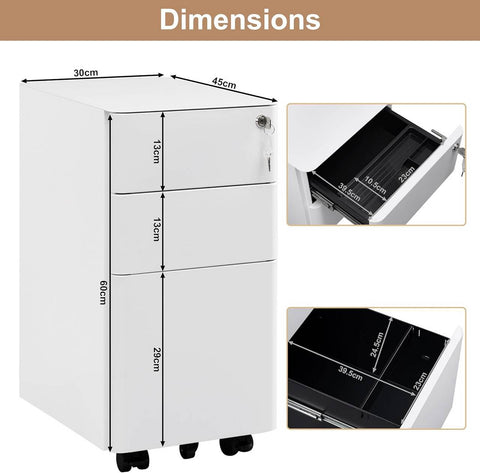 Rootz Rolling Container - Lockable Filing Cabinet - Mobile Storage Unit - Secure, Spacious, Durable - 30cm x 60cm x 45cm