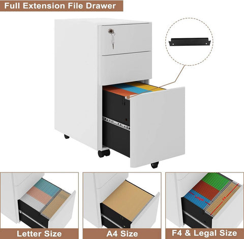 Rootz Rolling Container - Lockable Filing Cabinet - Mobile Storage Unit - Secure, Spacious, Durable - 30cm x 60cm x 45cm