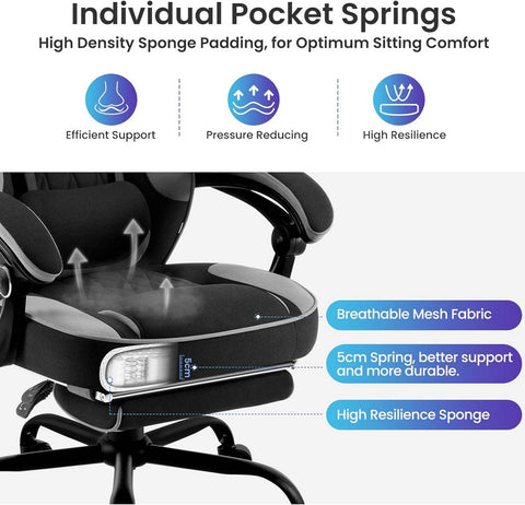 Rootz Ultimate Gaming Chair - Office Chair - Ergonomic Chair - Pocket Spring Cushion - Breathable Mesh - Adjustable Comfort - 120-127.5cm x 57cm x 51.5cm