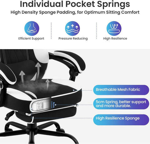 Rootz Gaming Chair - Office Chair - Computer Chair - Pocket Spring Cushion - Ergonomic Design - Breathable Mesh Fabric - 57cm x 51.5cm