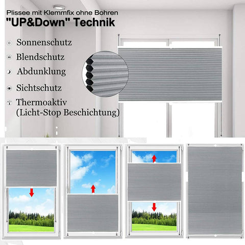 Rootz Double Pleated Blind - Honeycomb Blinds - Clamping Blinds - Insulates Light & Sound - 95 x 120 cm - Grey-White