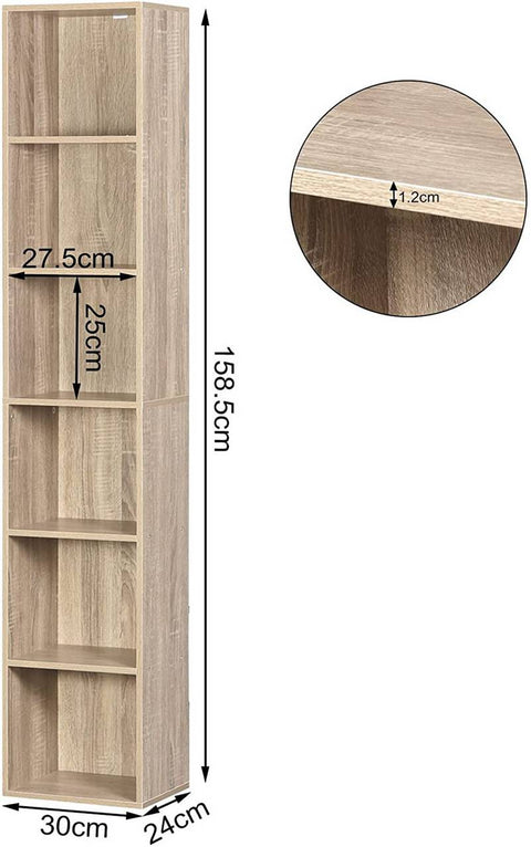 Rootz Bookcase - Storage Shelf - Display Unit - Durable & Water-Resistant - Ample Storage - Versatile Use - 30cm x 158.5cm x 24cm