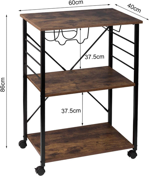 Rootz Metal Kitchen Trolley - Serving Cart - Storage Trolley - Compact & Spacious - Sturdy & Durable - Mobile & Secure - 60cm x 86cm x 40cm