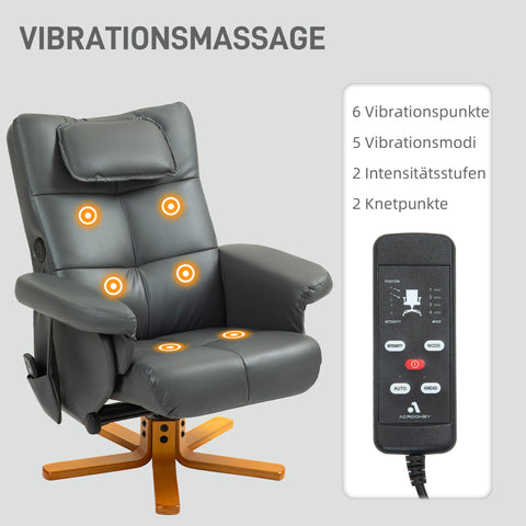Rootz Massage Chair with Stool - Relaxation Chair - Recliner - USB Charging - 78L x 86W x 93H cm, Grey Leather Look