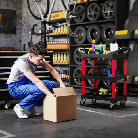 Rootz Black 3-Level Tool Cart - Utility Trolley - Rolling Workbench - Easy Mobility - 81cm x 43cm x 96cm