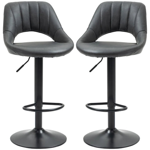 Rootz Bar Stools - Set of 2 - Leather Look - Height Adjustable Footrest - Metal Frame - Faux Leather - Gray - 44 x 49 x 90-110 cm