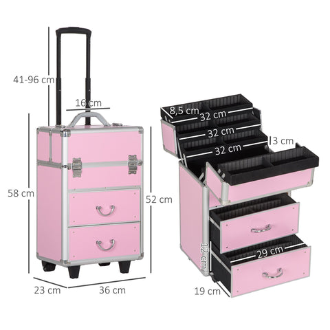Rootz Cosmetic Case Trolley - Make-up Suitcase - Vanity Box - Telescopic Handle - 36l x 23b x 58h cm - Aluminium ABS - Pink