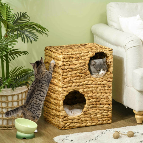 Rootz Cat Tower - Scratching Post - Three-Story Cat Condo - Washable Cushions - Natural Water Hyacinth - 40cm x 31cm x 55cm