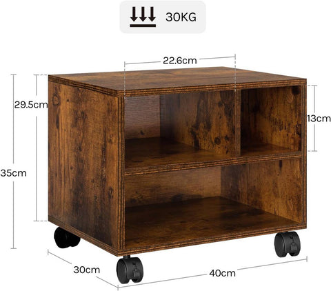 Rootz Printer Table with Wheels - Office Container - Rollable File Car - Space-saving - 40x35x30 cm Rustic Brown