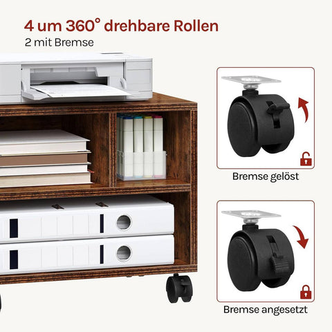 Rootz Printer Table with Wheels - Office Container - Rollable File Car - Space-saving - 40x35x30 cm Rustic Brown