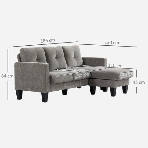 Rootz Corner Sofa - L-Shaped Couch - Reversible Chaiselongue - Space-Saving Design - 186cm x 130cm x 84cm - Grey- Linen Look Cover