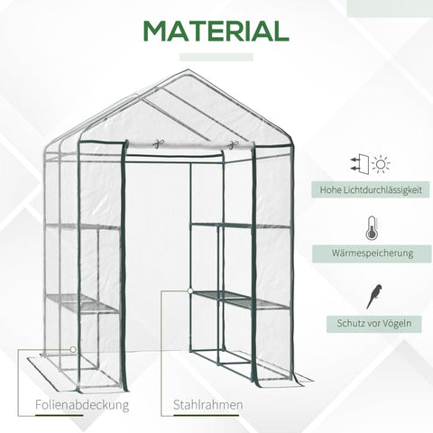Rootz Walk-In Film Greenhouse - Garden Shed - Plant Shelter - Extends Growing Season - 6 Shelves - Roll-Up Zippered Door - 143cm x 143cm x 195cm