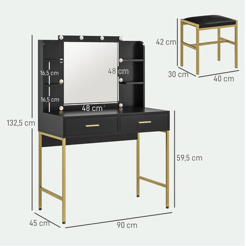 Rootz Hairdresser with Mirror - Vanity Set - Makeup Table - Integrated Lighting - 90x45x132.5cm