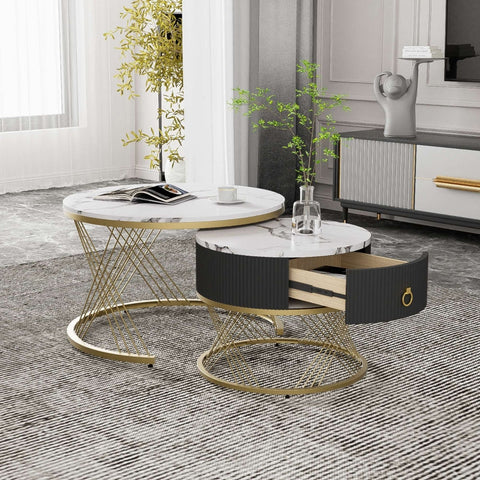 Rootz Modular Coffee Table Set - Marble Table - Elegant Side Tables - Storage - 70cm x 70cm x 45cm & 50cm x 50cm x 40cm