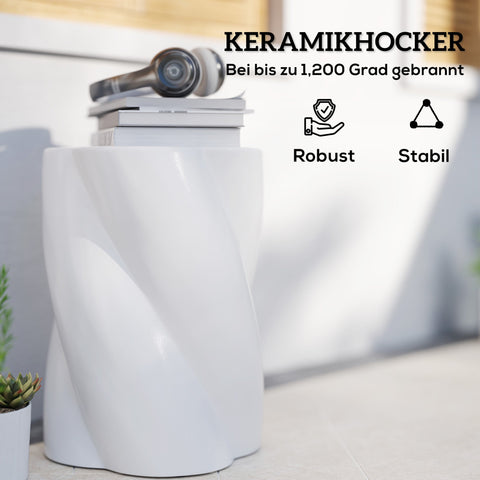 Rootz Ceramic Stool - Garden Stool - Weatherproof Seat - Resilient & Versatile - Ø33 x 45 cm - 120kg Capacity - White Spiral Design