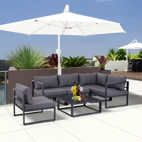Rootz 6 Piece Garden Set - Outdoor Lounge Set - Patio Furniture - Durable Aluminum Frames - Weather-Resistant Cushions - Tempered Glass Table - Middle Chair: 65cm x 65cm x 63cm - Corner Chair: 65cm x 65cm x 63cm - Coffee Table: 75cm x 70cm x 30cm