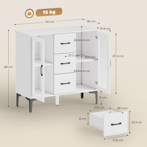 Rootz Modern Sideboard - Buffet Cabinet - Storage Cupboard - Soft Close, Adjustable Shelves, Easy-Clean, White, 90 x 38 x 86 cm