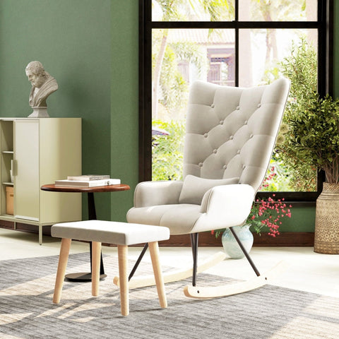 Rootz Lounge Chair with Stool - Rocking Chair - Upholstered Chair and Footstool - Velvet Padding - Rubber Wood Legs - Cream White - 66cm x 96cm x 101cm