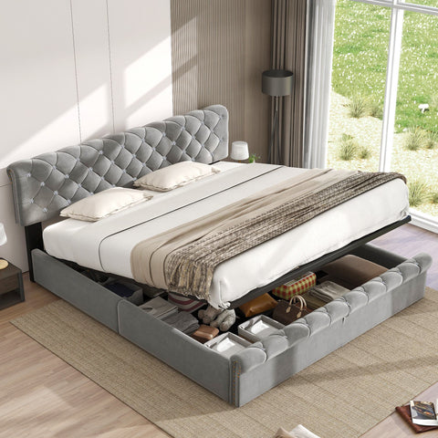 Rootz Upholstered Bed - Height-Adjustable Headboard - Slatted Frame - Comfort Back Support - 219cm x 169cm x 92/97/105cm - Grey Velvet