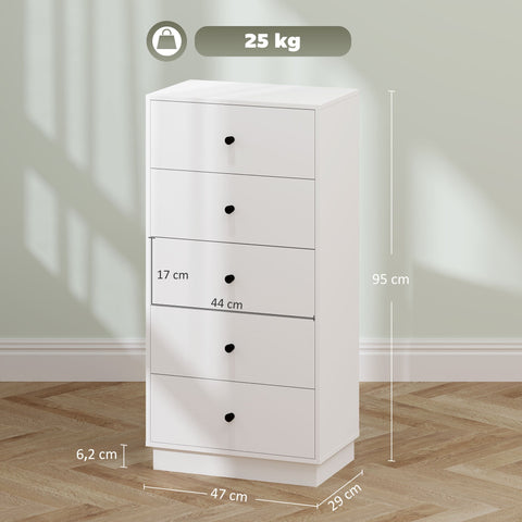 Rootz Chest of Drawers - Sideboard - Storage Cabinet - Modern Elegance in White - Wooden Material - 5 Drawers - 47 x 29 x 95 cm