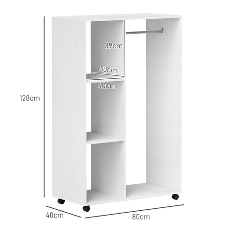 Rootz Wardrobe on Wheels - Mobile Wardrobe - Rolling Clothes Rack - Spacious Storage - 80 x 40 x 128 cm, White