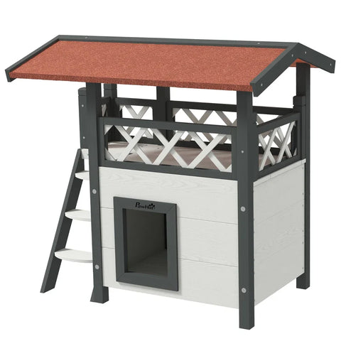 Rootz Cat House - Pet Kennel - Asphalt Roof - 2 Levels  1 Ladder - Fir Wood - White + Red - L77 x W50 x H73 cm