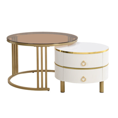 Rootz 2-in-1 Coffee Table Set - Modern Living Room Table - Round Glass Tables - Storage Drawers - 70x70x45cm & 50x50x40cm