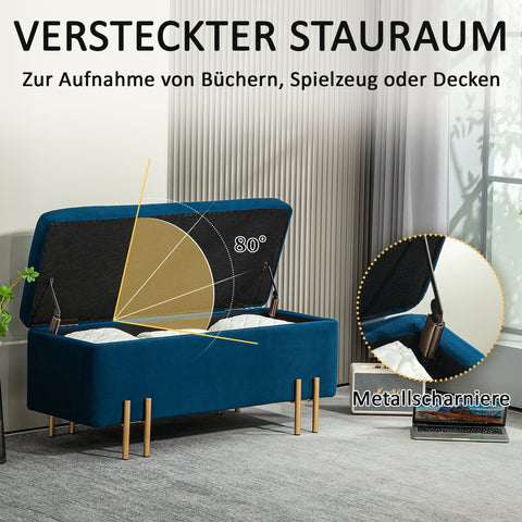 Rootz Dark Blue Upholstered Bench - Storage Bench - Footrest - Hidden Storage - 100 x 40 x 42 cm