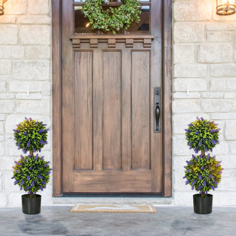 Rootz Set of 2 Artificial Lavender Trees - Indoor Outdoor Decor - Plastic Flowers - Cement Pots - No Maintenance - Ø15cm x 70cm