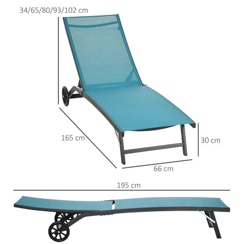 Rootz Sun Lounger - 5 Level Adjustable Backrest - Breathable Fabric - Aluminum Frame - Blue - 195 x 66 x 34 cm